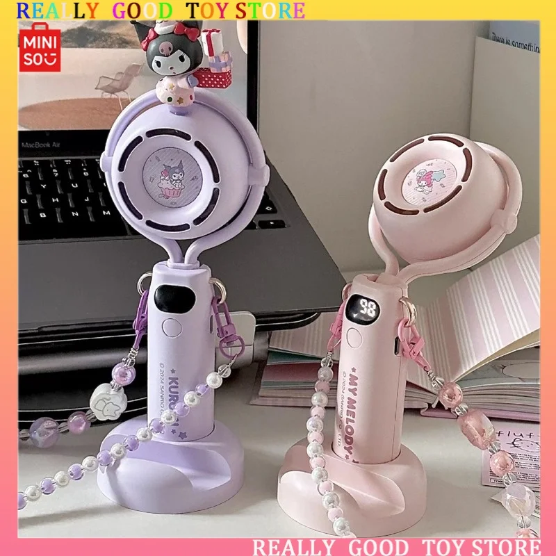 Miniso Kuromi My Melody Pochacco Cartoon Kawaii Handheld Desktop Fan Student Usb Charging Fan Strong Wind Silent Birthday Gift