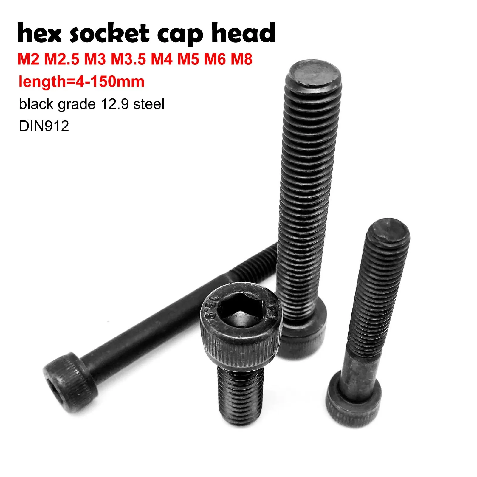 M2 M2.5 M3 M3.5 M4 M5 M6 M8 Negro Grado 12,9 Acero DIN912 Hexágono Hex Socket Cap Tornillo de cabeza Allen Alargado Largo 4-150 mm