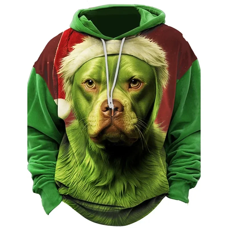 Men's Hooded Hoodies 3D Print Christmas Theme Green Dog Graphic Sweatshirt Drawstring Long Sleeve Streetwear Tops Men's Clothing