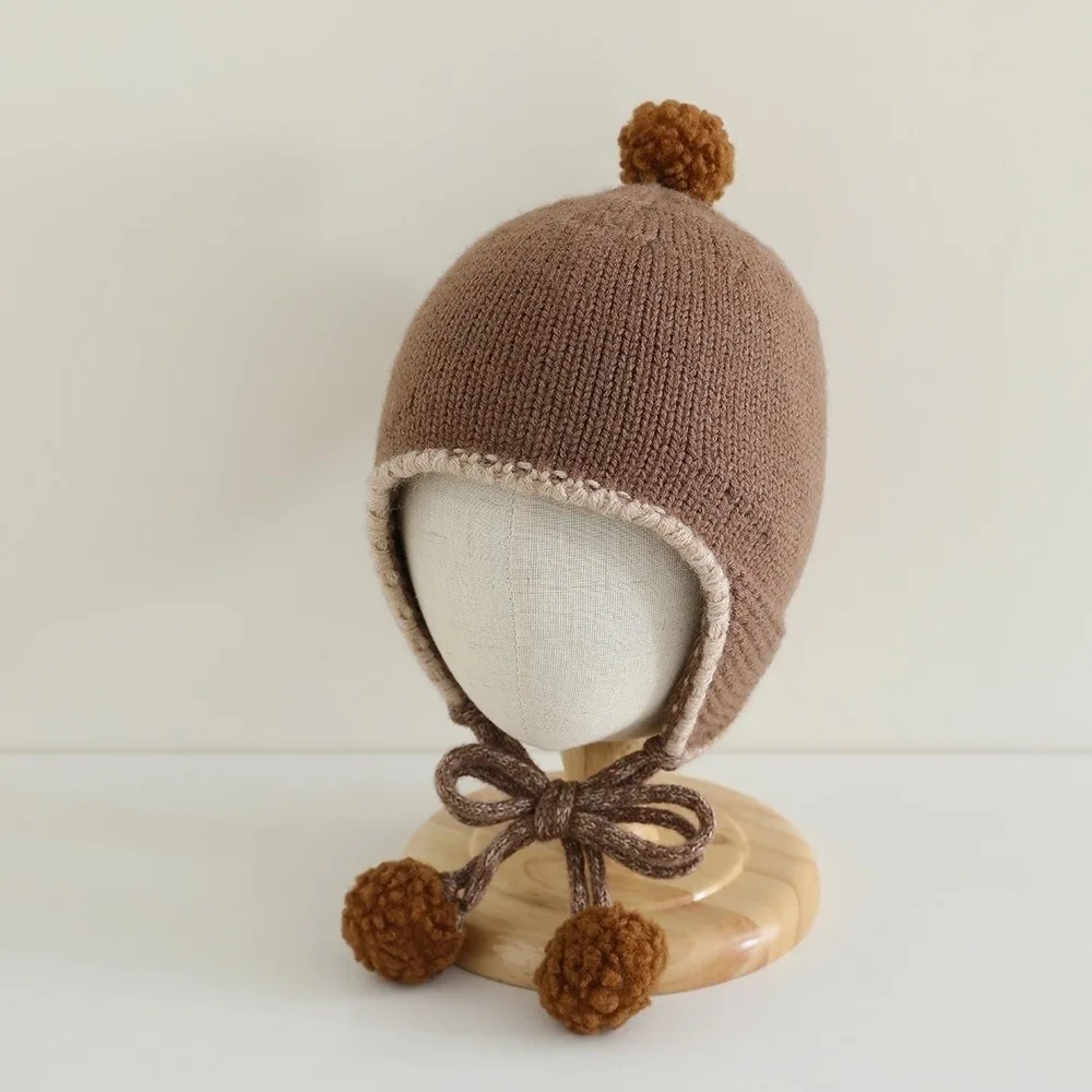 

Korean Winter Baby Knitted Cap Tassel Bobbles Baby Beanie Cap Thick Warm Ear Protection Hat Kids