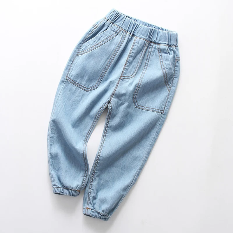 Summer kids boy\'s girls clothes elastic band loose thin denim trousers for toddler children clothing out wear cool jeans pants