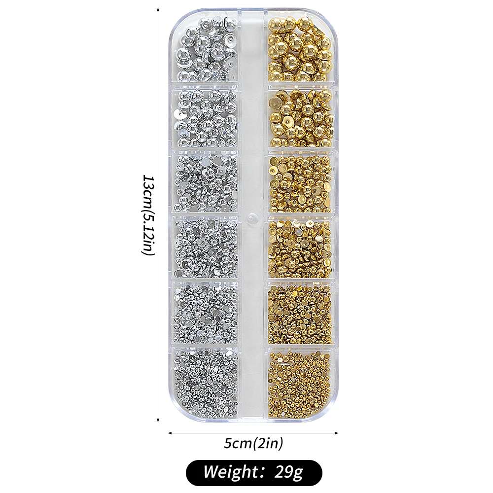 12 rasters goud/zilver halfronde kralen nail art bedels 6-maten plaksteen kaviaar kraal kerst diamant DIY sprankelende manicure edelstenen # *
