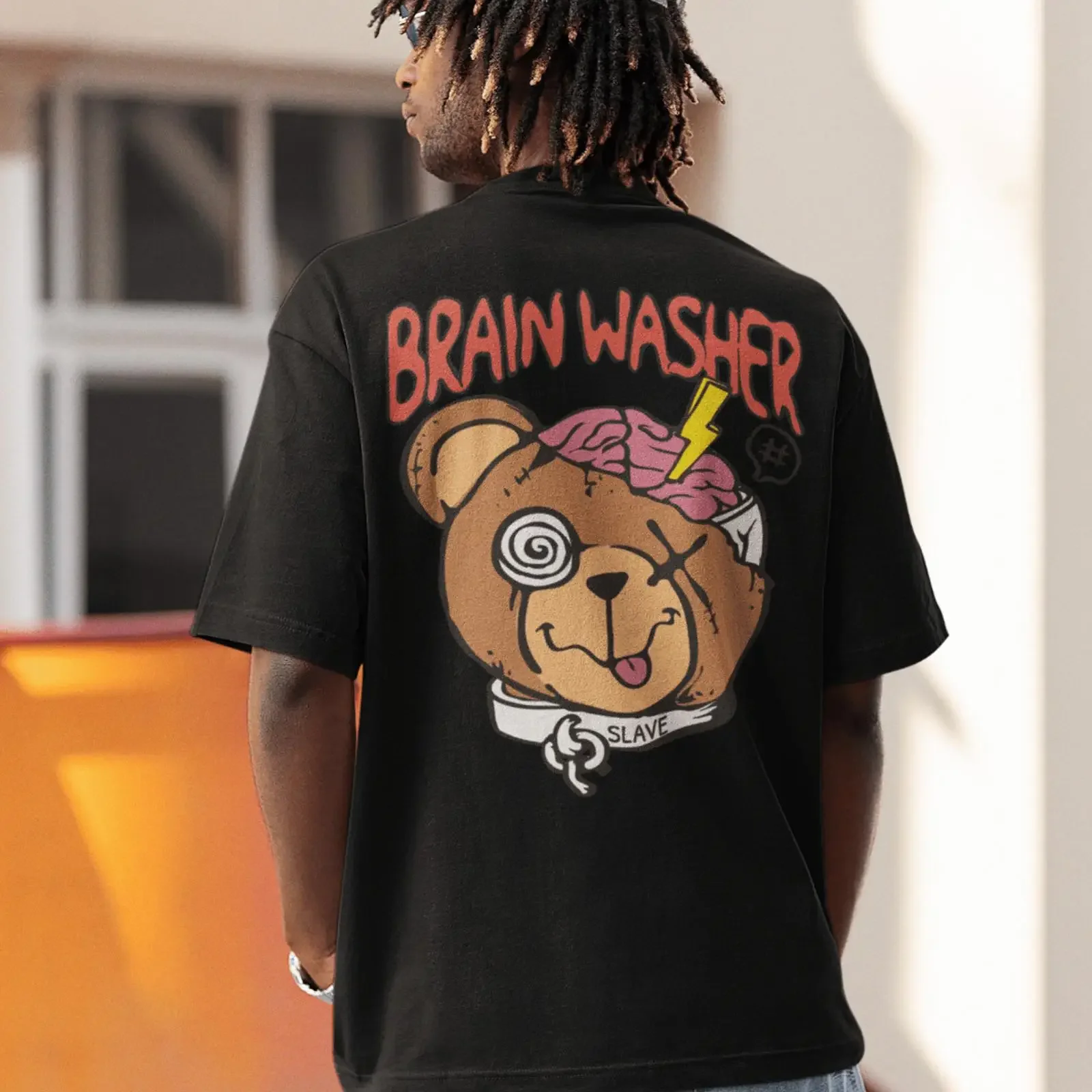 Herren Oversize T Shirt Brain Washer Slave Backprint Teddybär Streetwear vintage Washed Versatile Stretched designer clothes