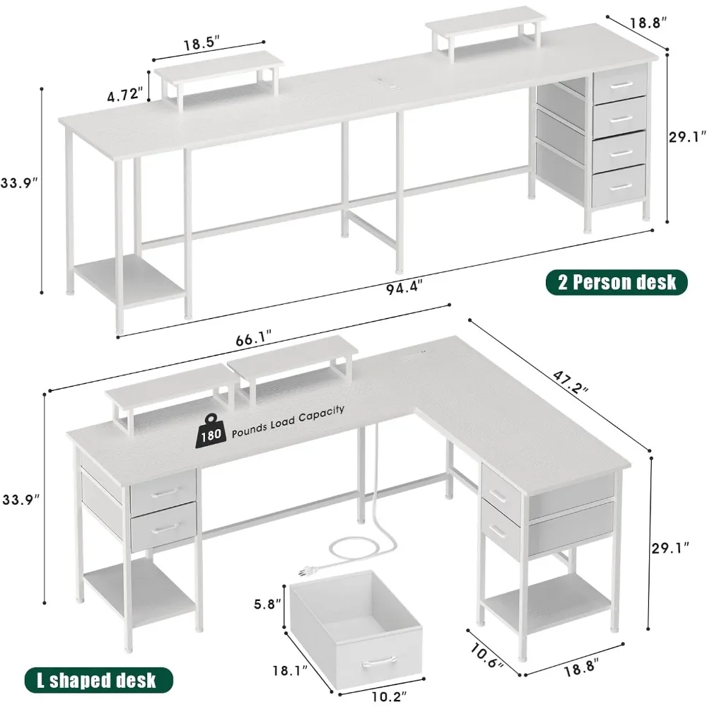 Large Corner Computer Desk 66 L-Shaped with 94.4 Work Area, 4 Adjustable Drawers, 2 Monitor Stands, and Power Outlets for Home O