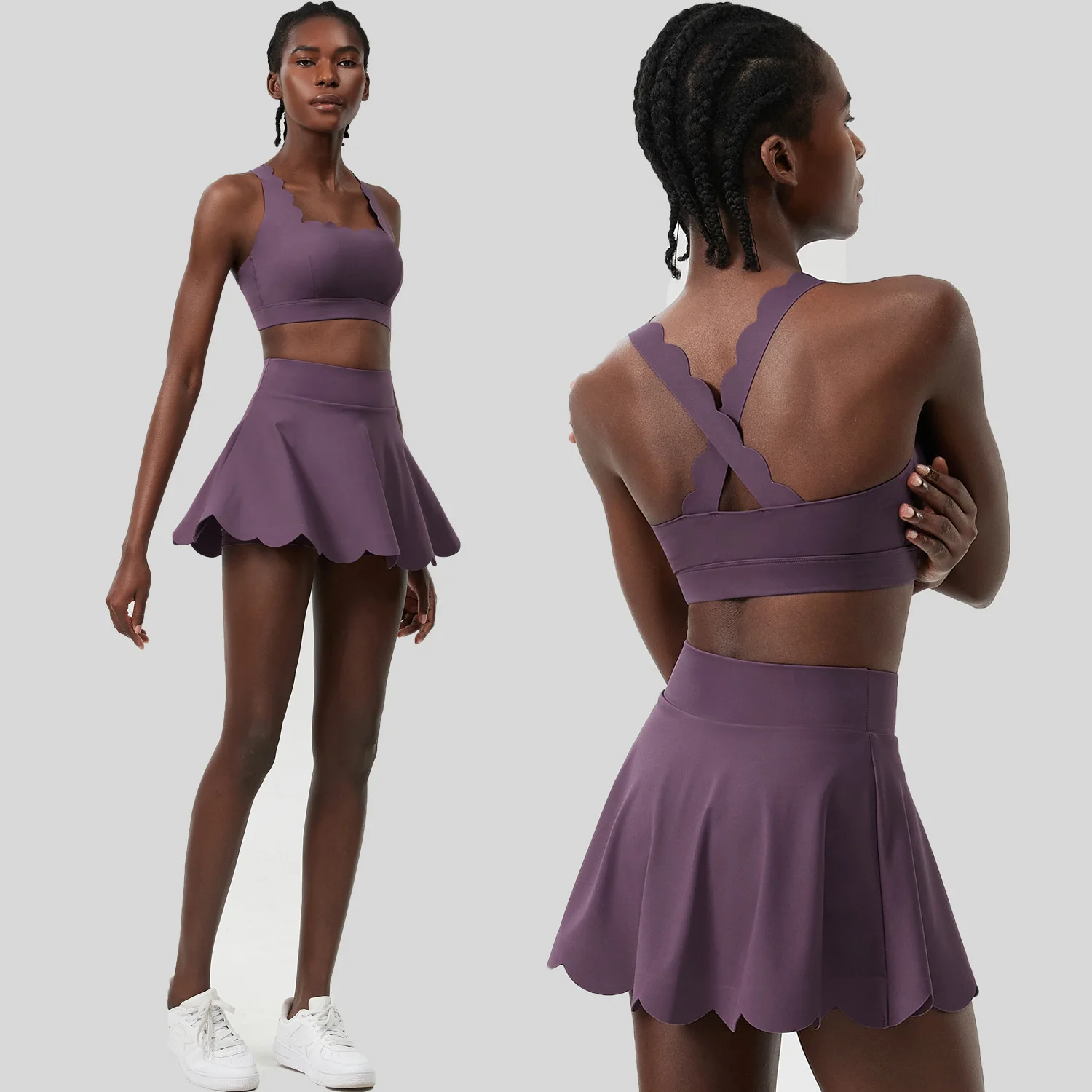 بدلة تنس صيفية للسيدات مقاس كبير سريعة الجفاف من الليكرا بدلة لياقة بدنية رياضية حمالة صدر مكونة من قطعتين تنورة تنس بنطلون