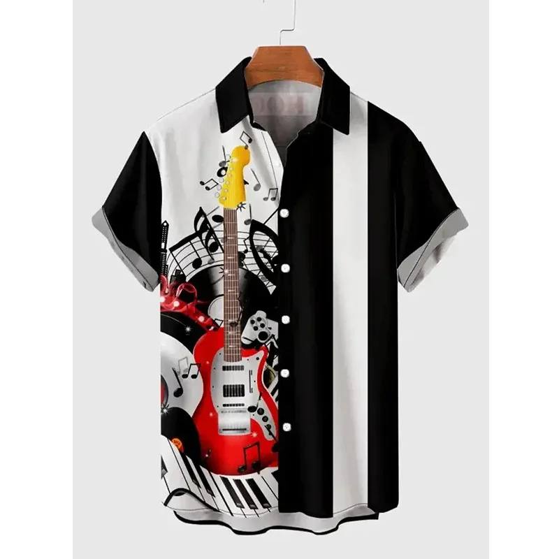Roupas de camisa masculina havaiana, guitarra musical, roupas masculinas impressas em 3D, moda de praia diária de verão de manga curta, listra grande