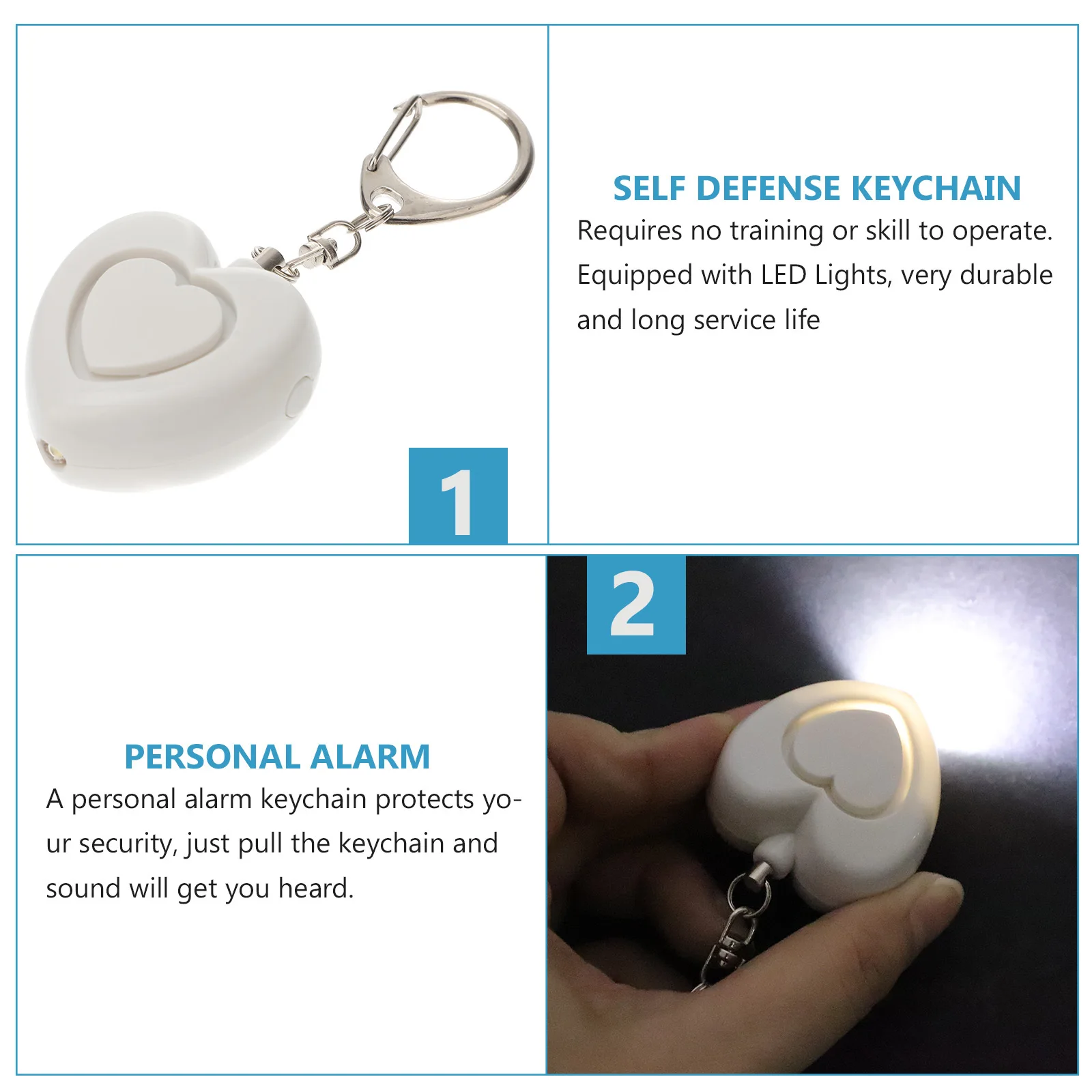 سلسلة مفاتيح إنذار شخصية على شكل قلب، جهاز أمان محمول للنساء والفتيات وكبار السن، سلسلة مفاتيح إنذار ذاتية للنساء