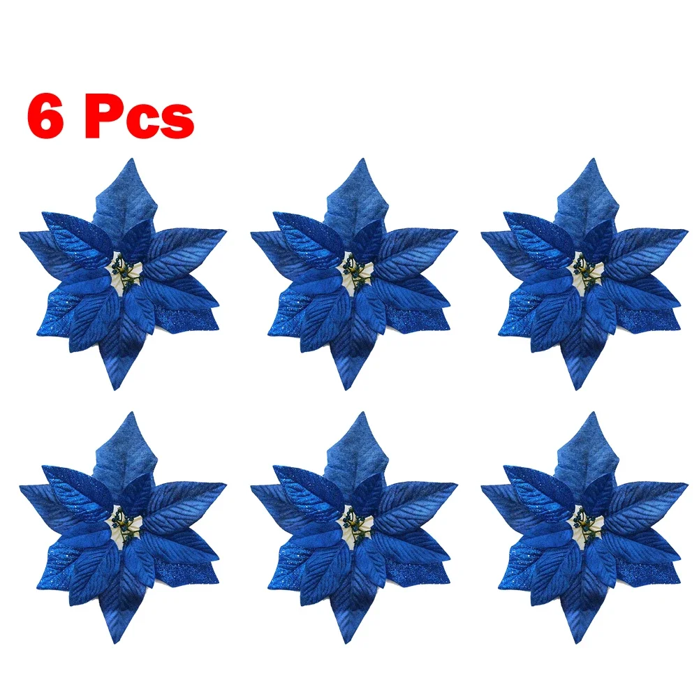 Set Of 6 Large 22cm Poinsettia Glitter Flowers For Hanging Suitable For Christmas Trees And Seasonal Home And Event Decorations