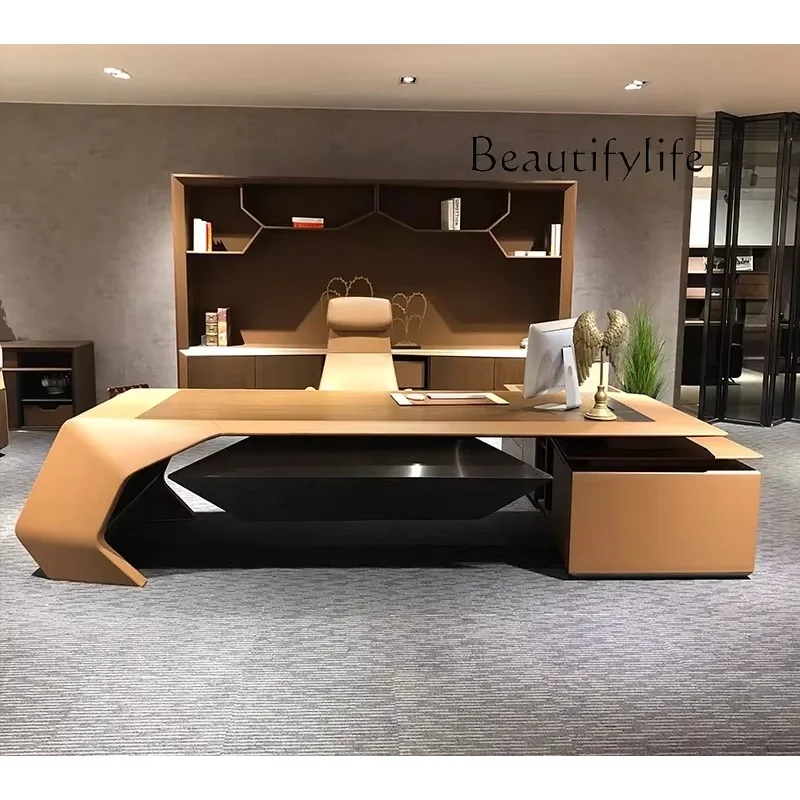 X Light Luxury Boss Desk, High-end Chairperson's Desk, Solid Wood Class Desk, Fashion Saddle Leather President Table