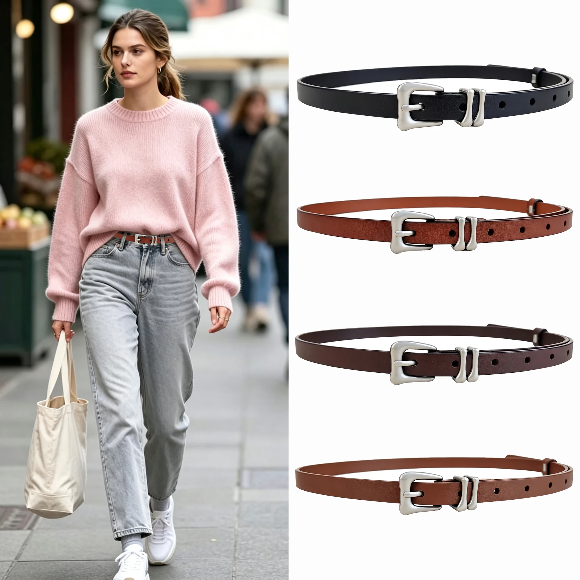 Women Skinny Genuine Leather Belt Vintage Silver Irregular Pin Buckle Simple Decorative Belt For Jeans Dress Daily Outfit