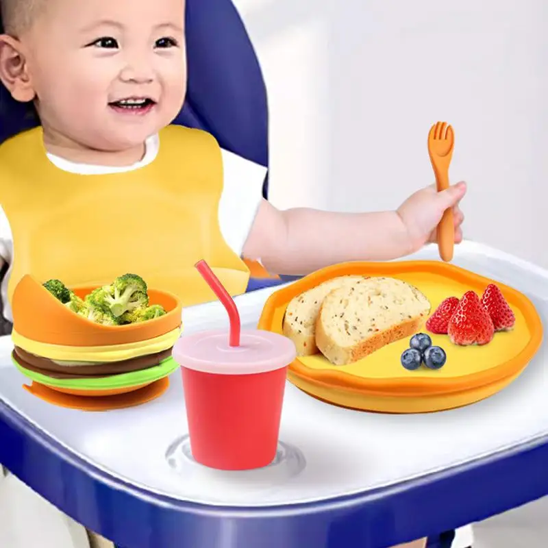 Silicone Baby Feeding Set Toddler Eating Bowl With Suction Food-grade Weaning Utensils For Kids Toddler Dining Plate With Spoon