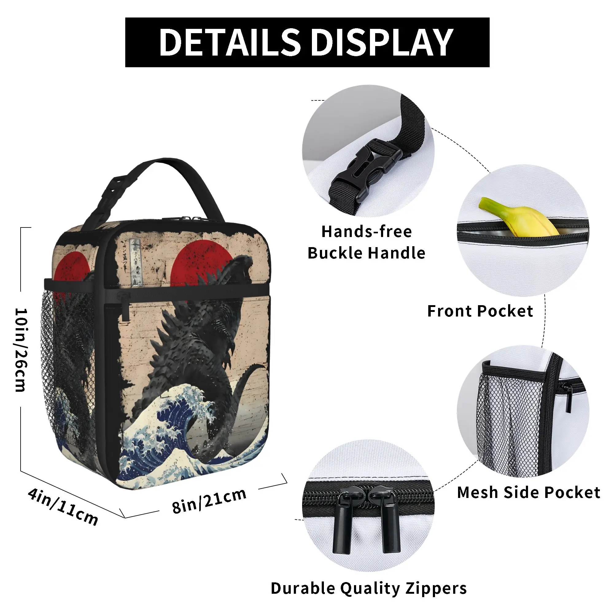 Godzillaed Great Wave Insulated Lunch Bag Large Lunch Container Thermal Bag Tote Lunch Box Office  Outdoor Food Bag view 5