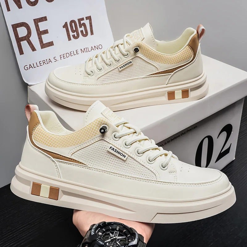 Men Casual Skate Shoes, Lightweight Breathable Mesh Versatile Sports Sneakers, Trend All-match White Daily Footwear