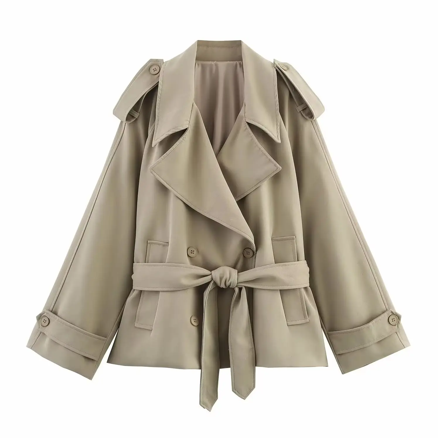 

KONDALA 2025 Spring Khaki Casual Woman Short Wind Coats Straight Sashes Streetwear Coat Buttons Fashion Vintage Mujer Trench
