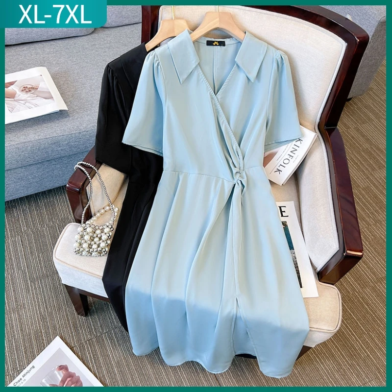 New 2023 Summer Plus Size Shirt Dress For Women Large Size Short sleeve Loose elegant Blue Belt Midi Dress 3XL 4XL 5XL 6XL 7XL