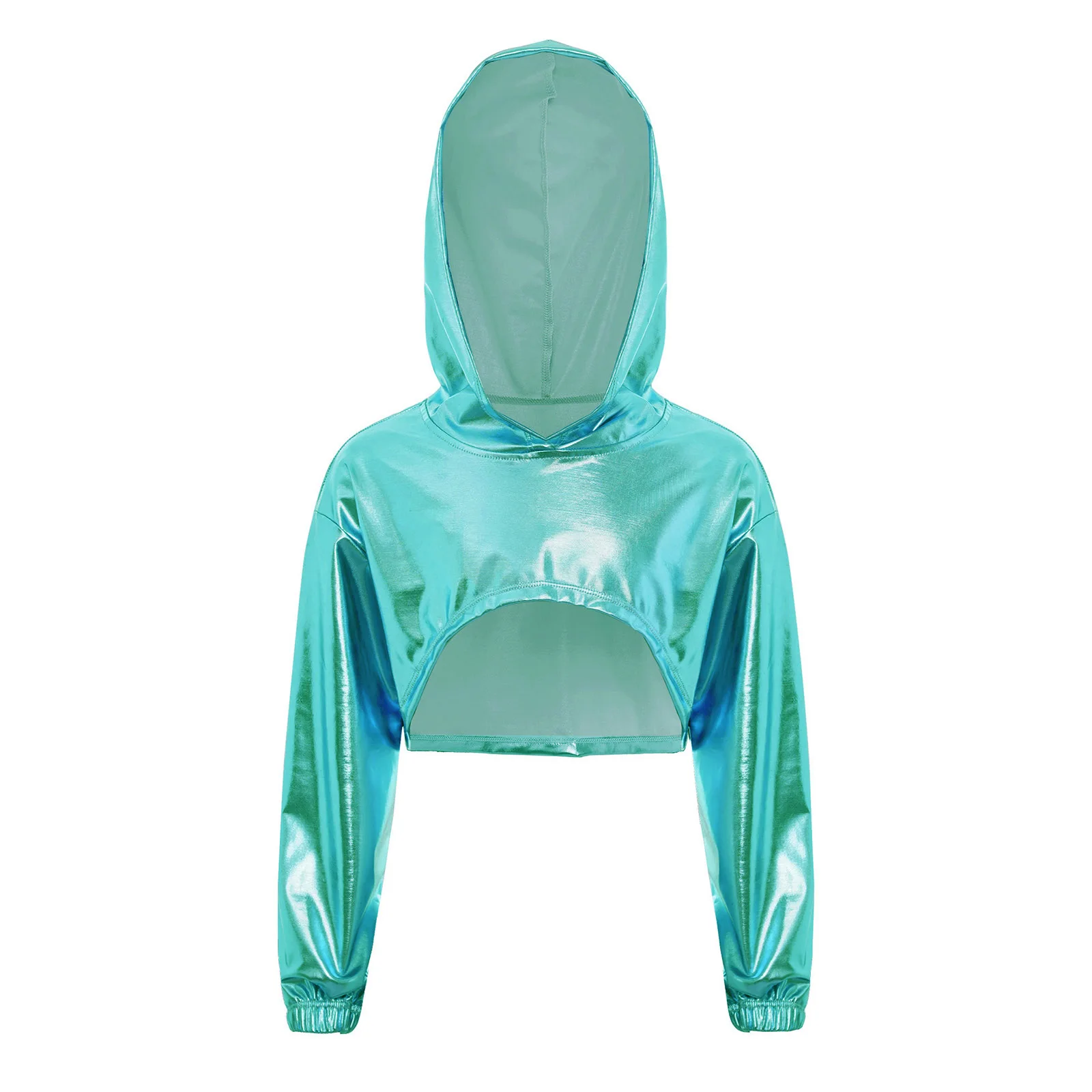 

Kids Hip-Hop Jazz Dance Performance Costume Fashion Asymmetrical Hem Metallic Shiny Hoodie Crop Hooded Top for Girls Streetwear