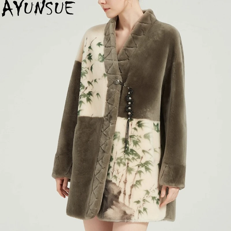 

AYUNSUE женская шуба из натуральной овчины, зимняя одежда средней длины, женские пальто из меха ягненка 2025 года, теплая новая верхняя одежда