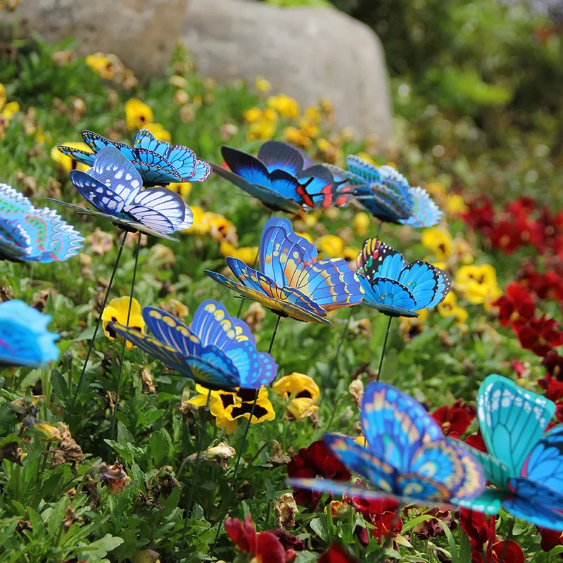 10Pcs Simulation Butterfly 3D Double Layer Wings Blue Butterfly Creative Home Garden Yard Bonsai Potted Flower Plant Decoration