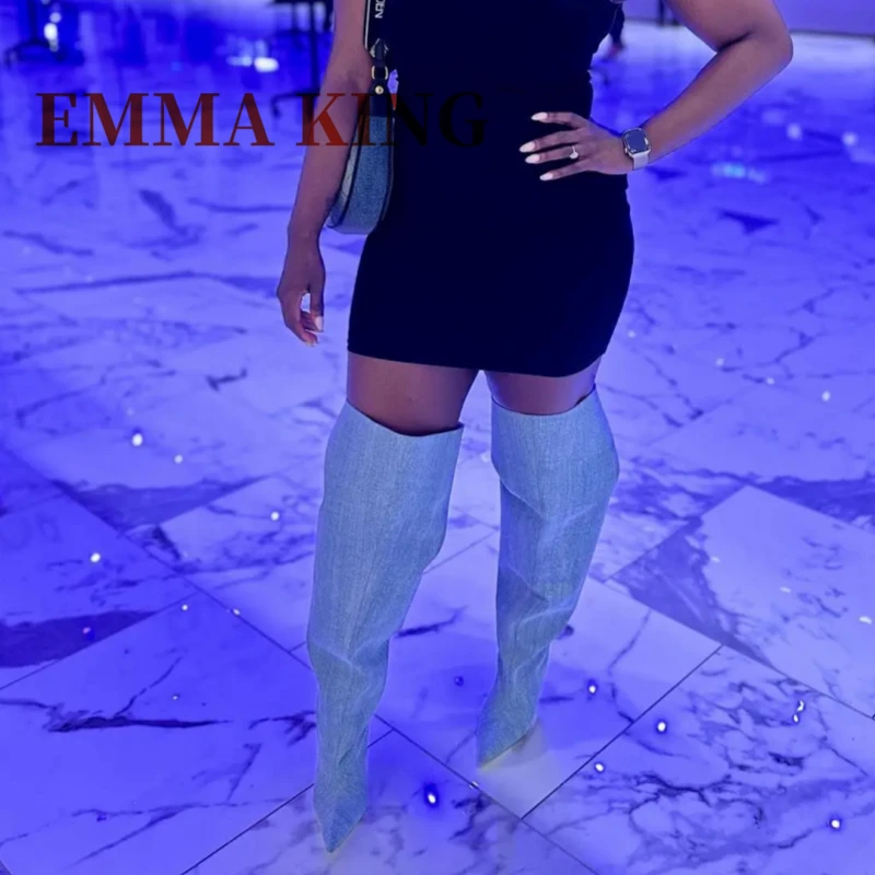 الدنيم الفخذ العليا خنجر الأحذية مثير أشار تو فوق الركبة الانزلاق على أحذية مثير النساء الخريف الشتاء فستان الحفلات الأحذية الأحذية