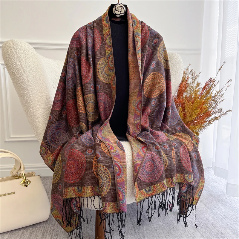Autumn Scarf Women Pashmina Shawls Jacquard Cashmere Blanket Warm Thick Stoles for Lady Outdoor Paisley Religion Bufanda Scarf