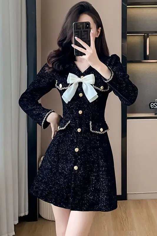 

French V Neck Long Sleeve Bow Dress Slimming Black Short Dress Designer Rich Girl Chic Elegent Outfits Fashion Female Clothing