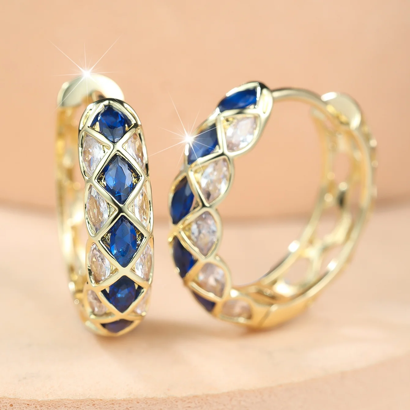 Luxury Female Small Blue White Zircon Stone Skeleton Hoop Earrings For Women Cute Fashion Gold Color Wedding Jewelry Gift