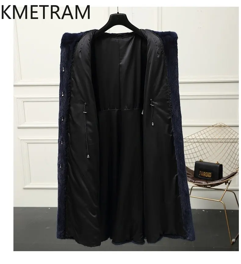 سترة KMETRAM 100% من فرو المنك الطبيعي بالكامل للنساء باللون الأزرق الداكن معطف طويل من الفرو الحقيقي مع غطاء محرك السيارة معاطف شتوية لعام 2025 ملابس نسائية
