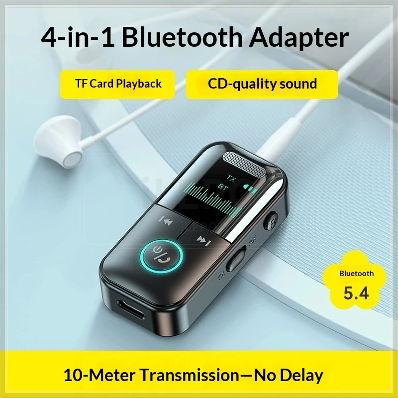 Bluetooth 5.4 Adapter OLED Display Wireless Receiver Transmitter 2 in 1 TF Card Player 3.5mm AUX for Car TV PC Speaker
