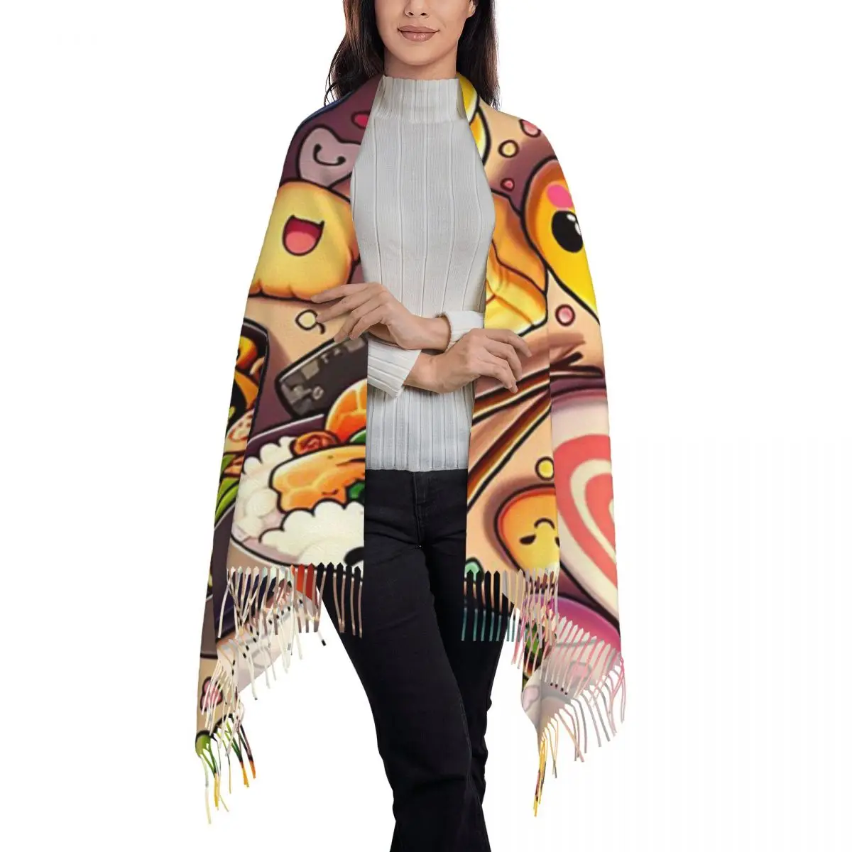 Kawaii Cuisine Adorable Anime Food Fiesta Scarf Tassel Scarves Women Soft Warm Shawls and Wraps Large Fall Winter Shawl Wrap