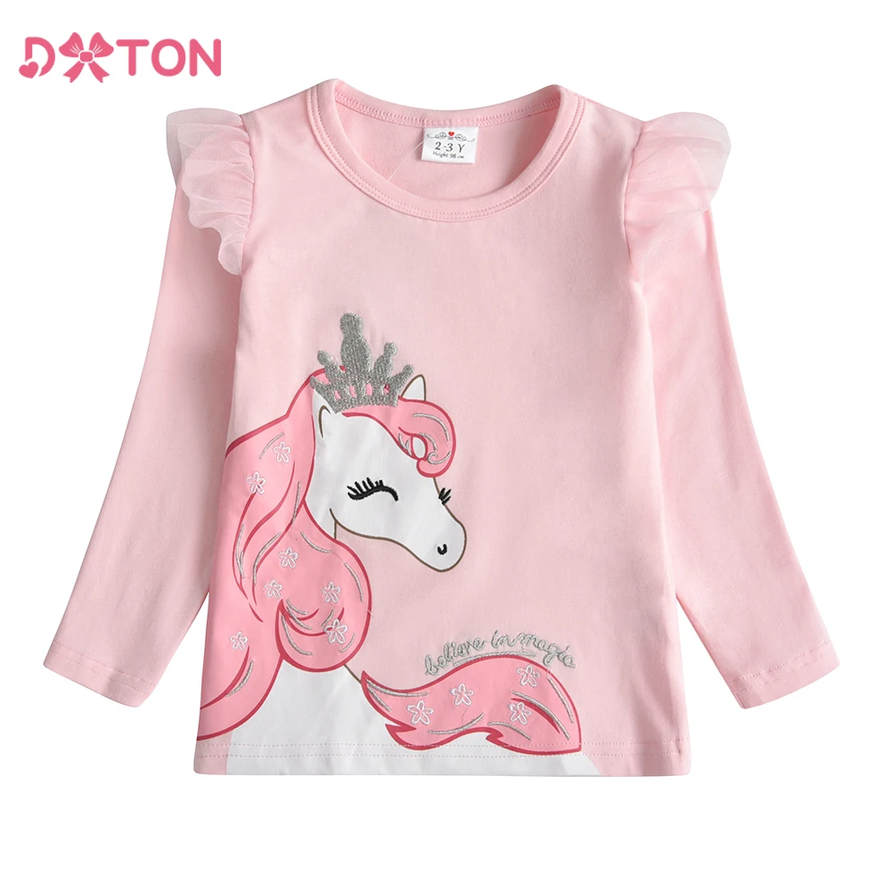 

DXTON Spring Girls T-shirts Long Sleeve Girls Casual Tops Toddlers Cotton Tees Children Cartoon Unicorn Crown T shirts Outfits