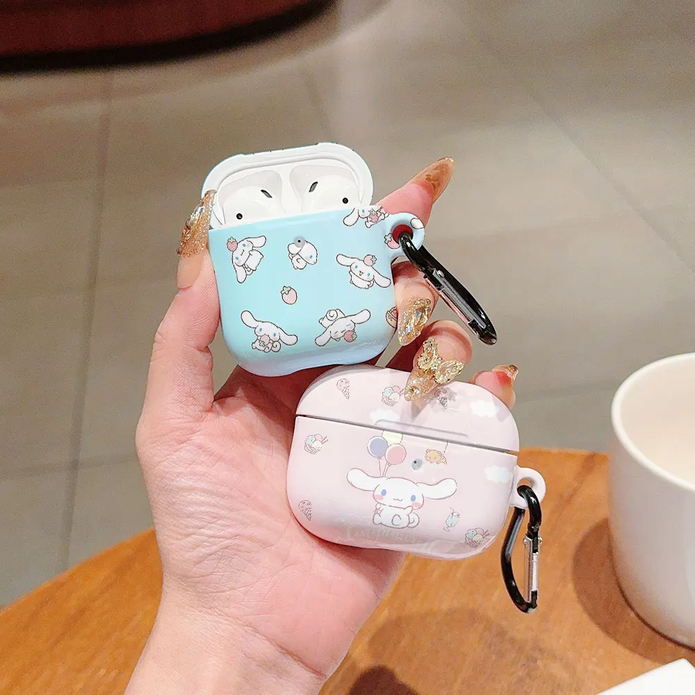 Cute Anime Cinnamoroll Shockproof Protective Glossy HD Hard PC Cover Case For AirPods Earphone 1 2 3 Pro Pro2 With Metal Hook