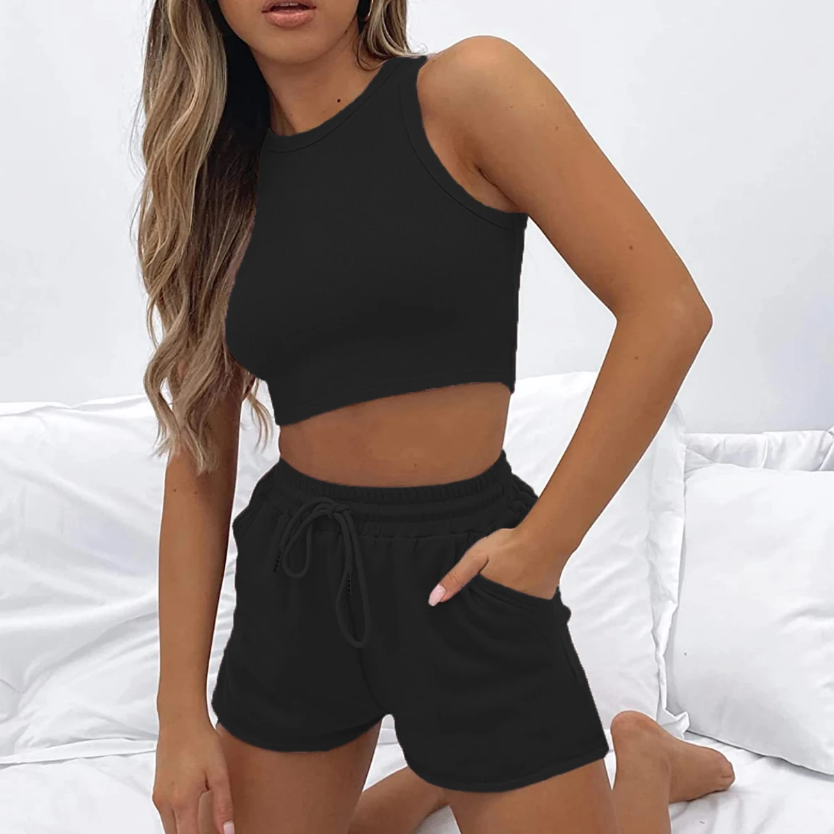 Women Two Piece Short Pants Set Crop Top Two Piece Solid Shorts Women Casual Joggers Sets