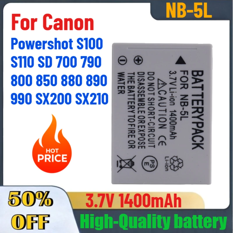 

3.7V 1400mAh NB-5L NB 5L Camera Battery for Canon Powershot S100 S110 SD 700 790 800 850 880 890 990 SX200 SX210 IS Batteries
