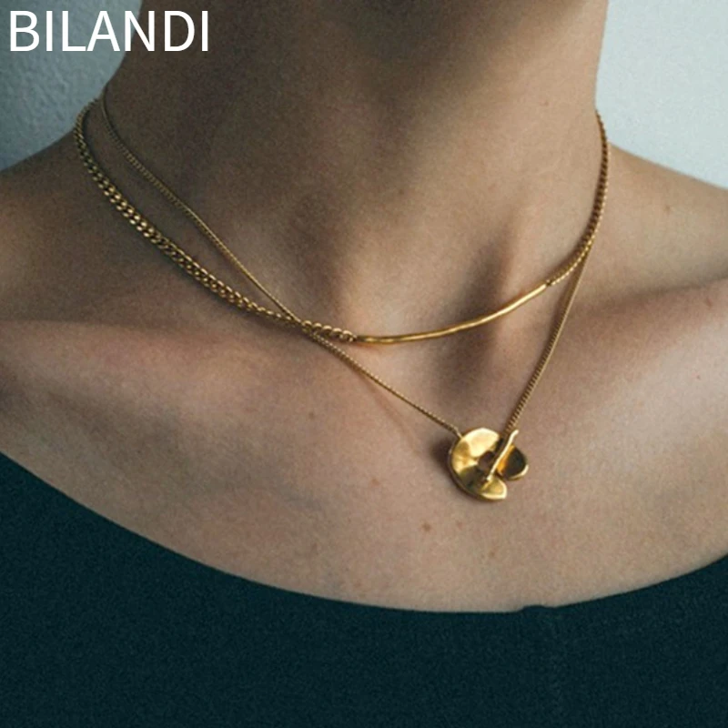 Bilandi Trendy Jewelry Two Layer Pendant Necklace Popular Style Hot Sale High Quality Copper Sweater Chain Necklace For Women