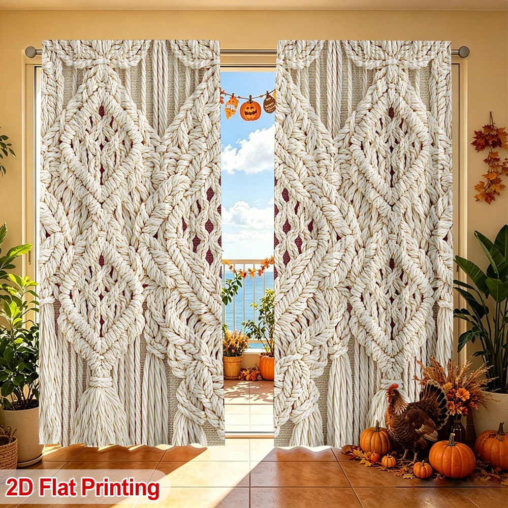 2PCS Digital Print Curtains, Bohemian White Macrame Woven Diamond Tassel Pattern, Ethnic Handcraft Style for Living Room ／ Boho