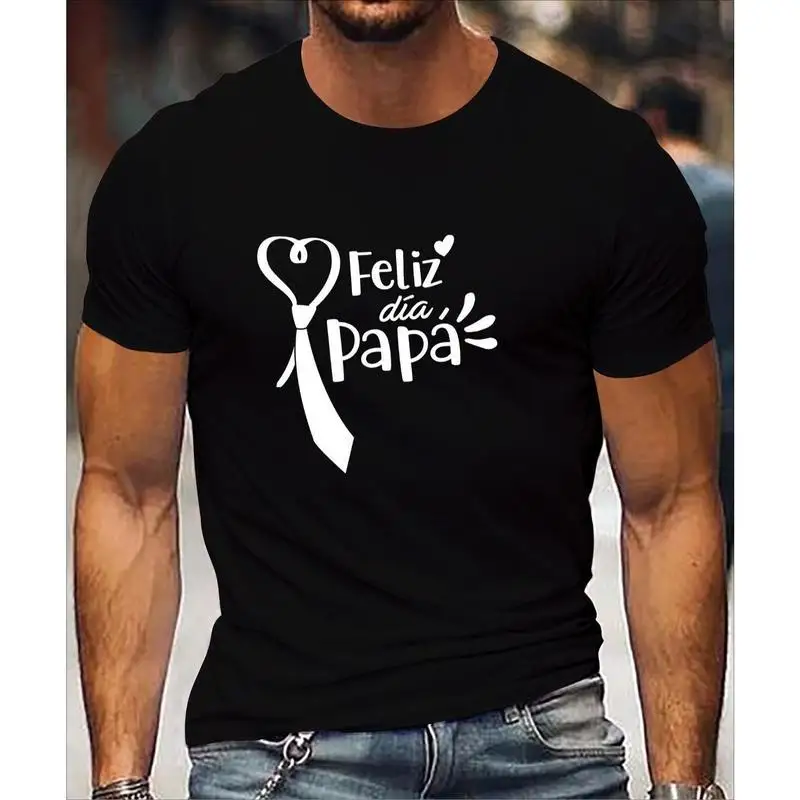 

Feliz Dia Papa T-Shirt Spanish Father's Day Gift Tee Men's Cotton Short Sleeve Top Heart Tie Print for Dads