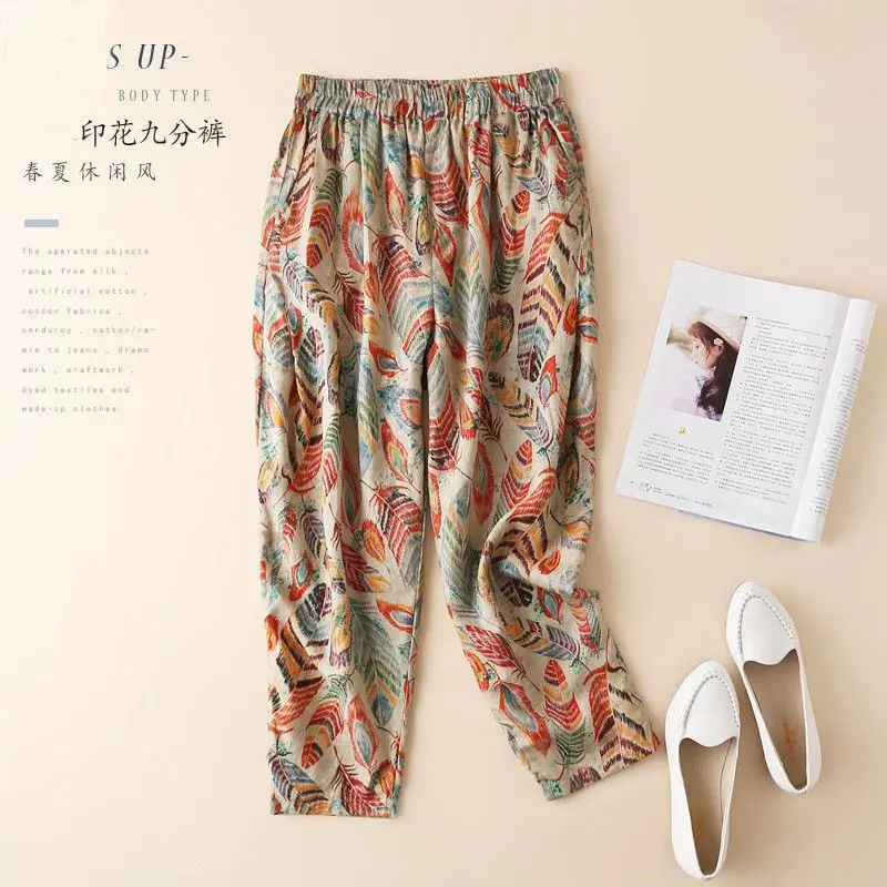 

Cotton Linen Printed Harem Ninth Pants Women 2021 Summer Beach Casual Loose Pants Holiday National Wide Leg Capris Trousers