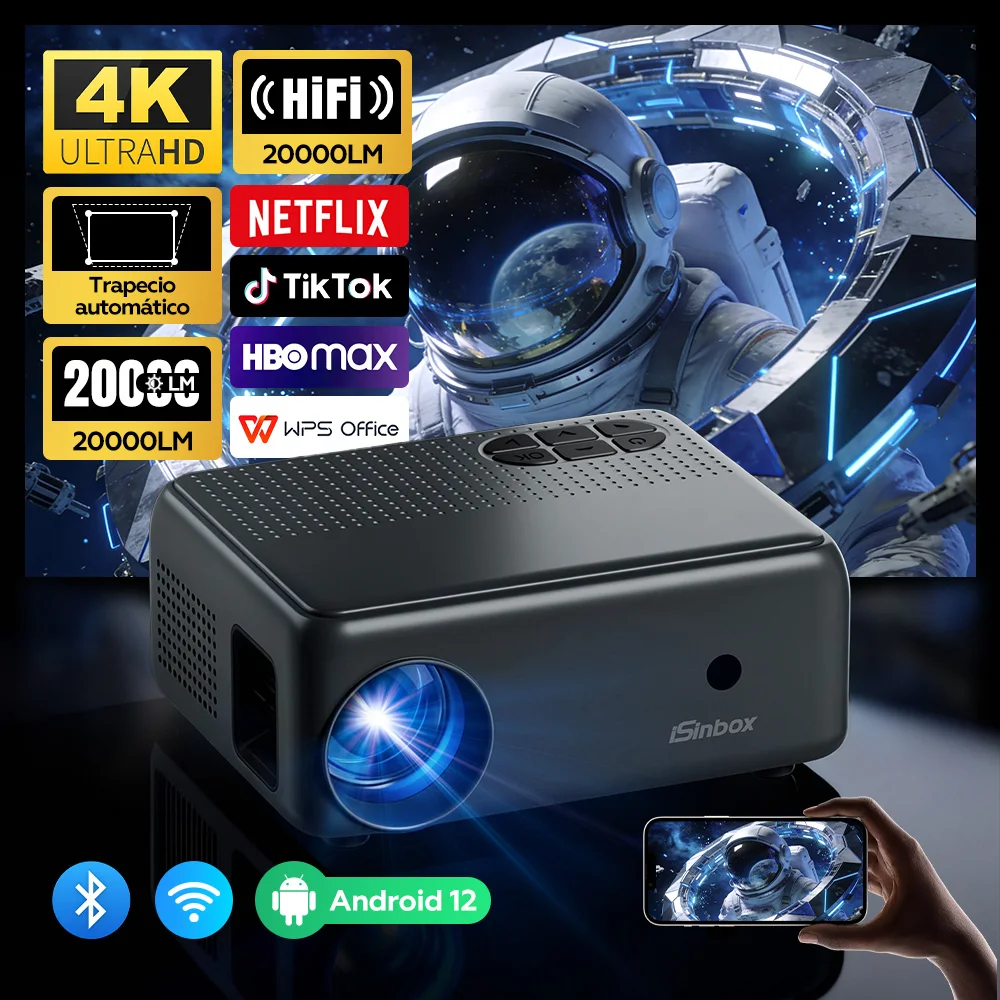 Proyector iSinbox Mini Android 12, 4K Nativo, Compatible con 720P, Proyector de Películas Portátil, Ángulo Ajustable, Vídeo Inteligente, BT5.0, WiFi6