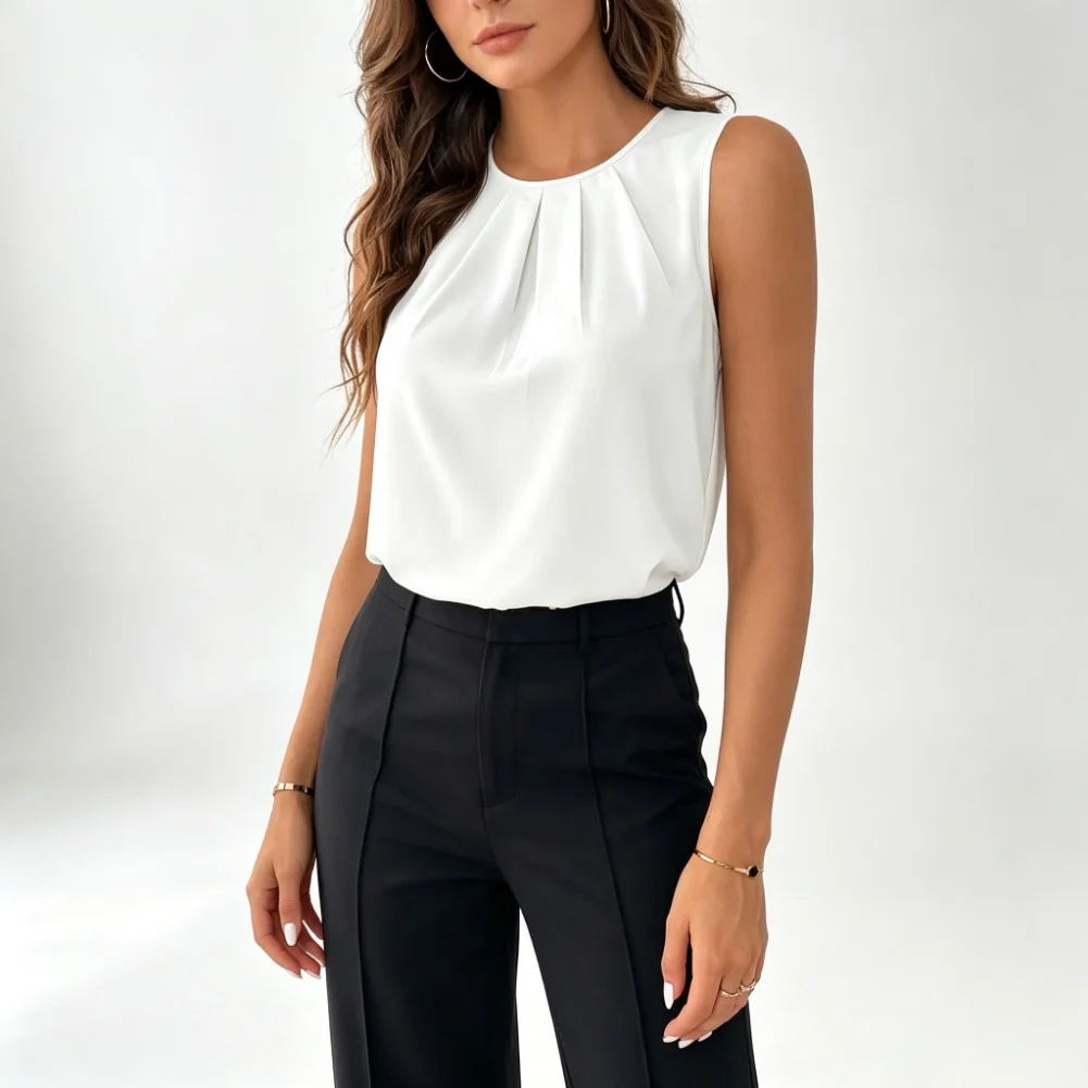 2026 New Women's Simple Round-Neck Sleeveless Chiffon Tank Top With Pleats At The Chest