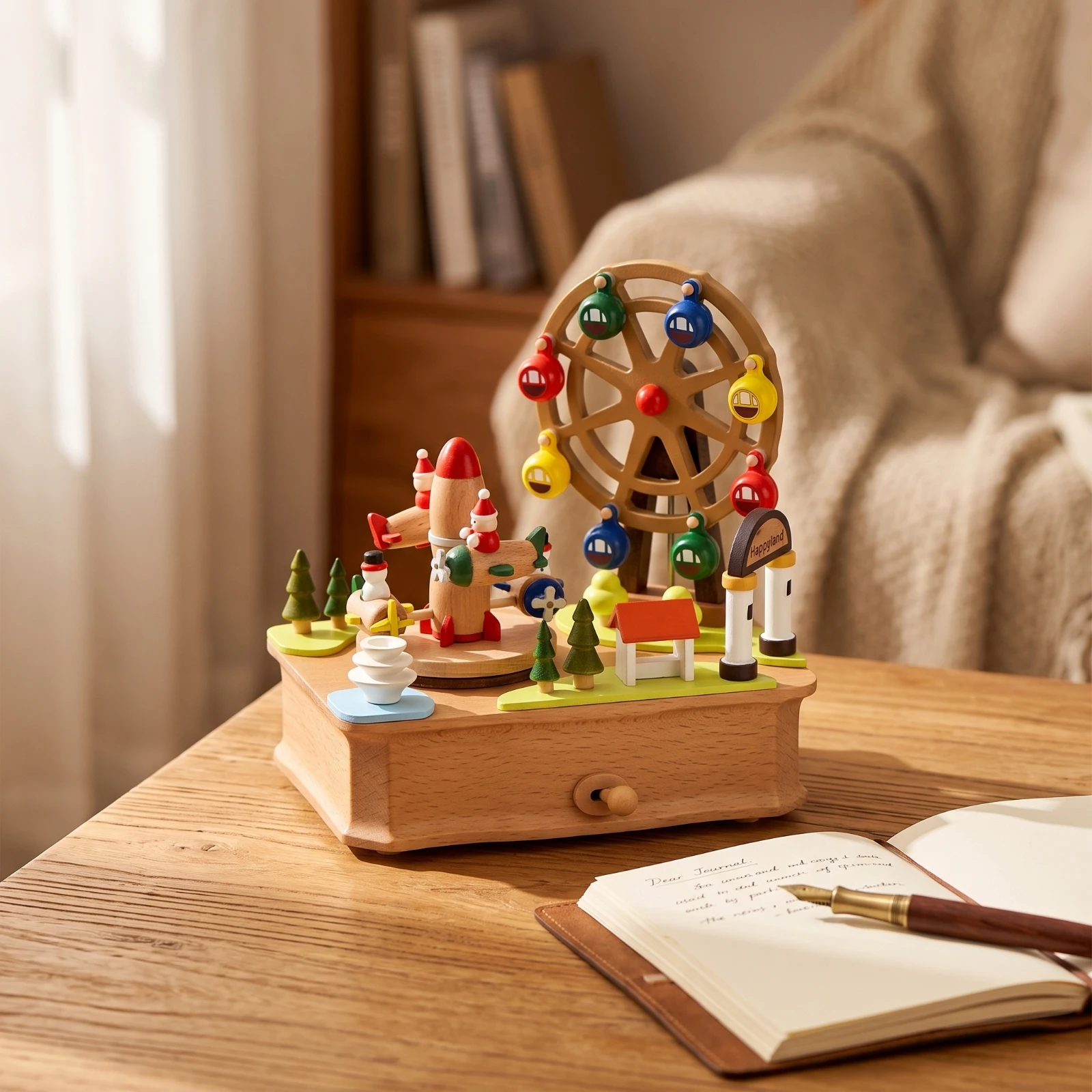 Melody Box with Amusement Wheel Wheel Miniature Wooden Melody Box Decor Animated Toy Beautiful for Collectors, Nursery, Bedroom