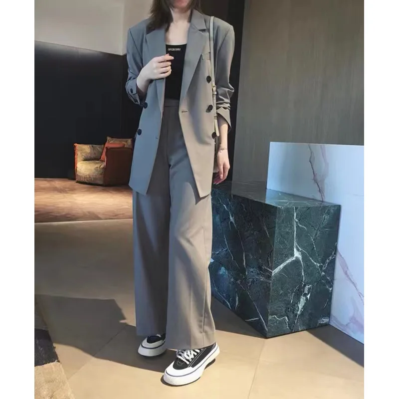 Spring Fashion Wool Blended Professional Set Women Blazer Coat Pants 2 Piece Double-breasted Suit Trousers Gray Female Pant Fall