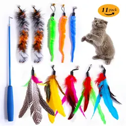 11pcs Remplacement Plume de Chat Jouet Ensemble Plume Tête de Remplacement Rétractable Chat Bâton Chat Produits