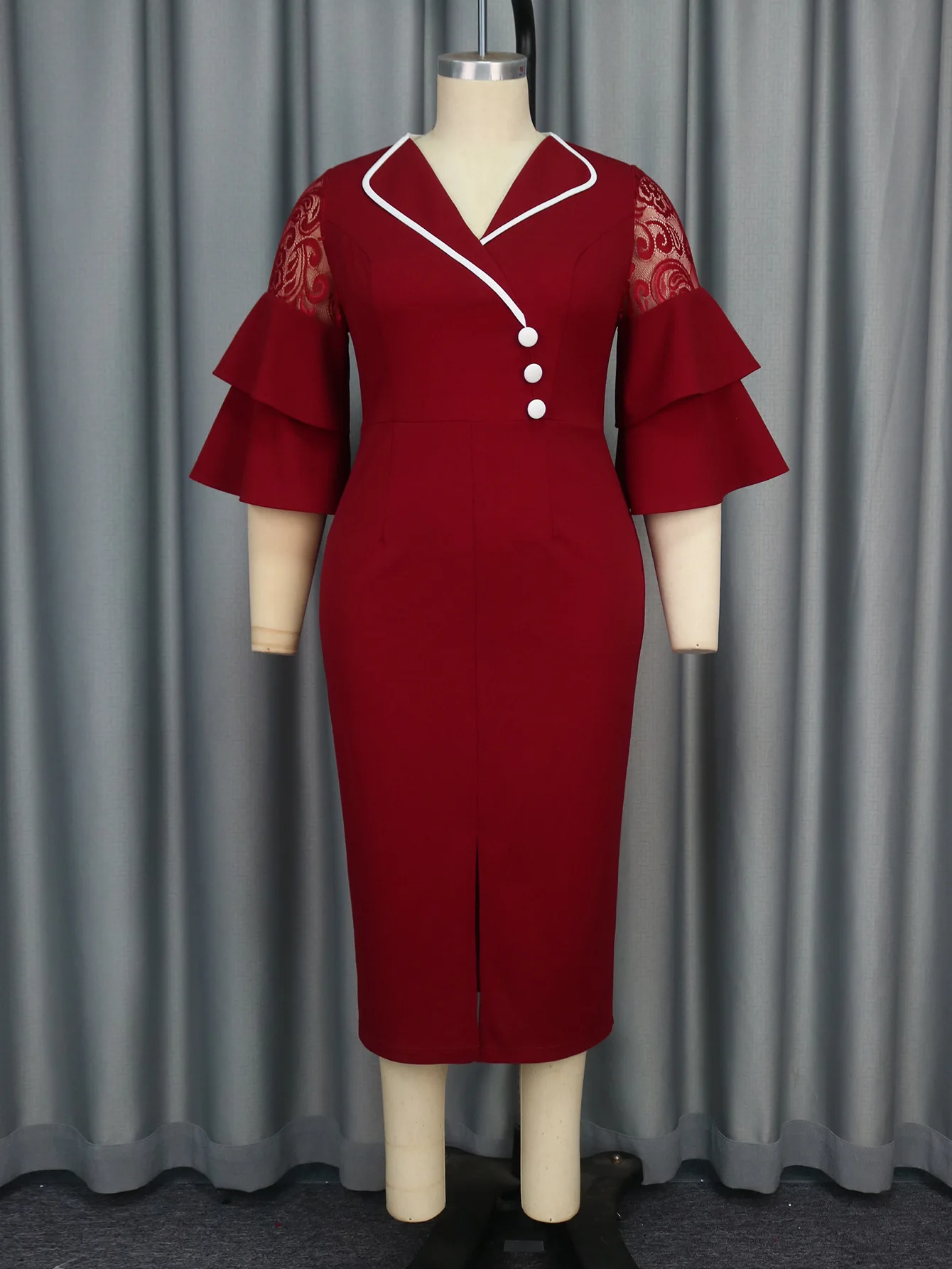 Am 050131 Moda Colletto rovesciato Color-block Manica a campana Abito aderente Plus Size Abito da banchetto per feste Robe Vestido Festa da donna