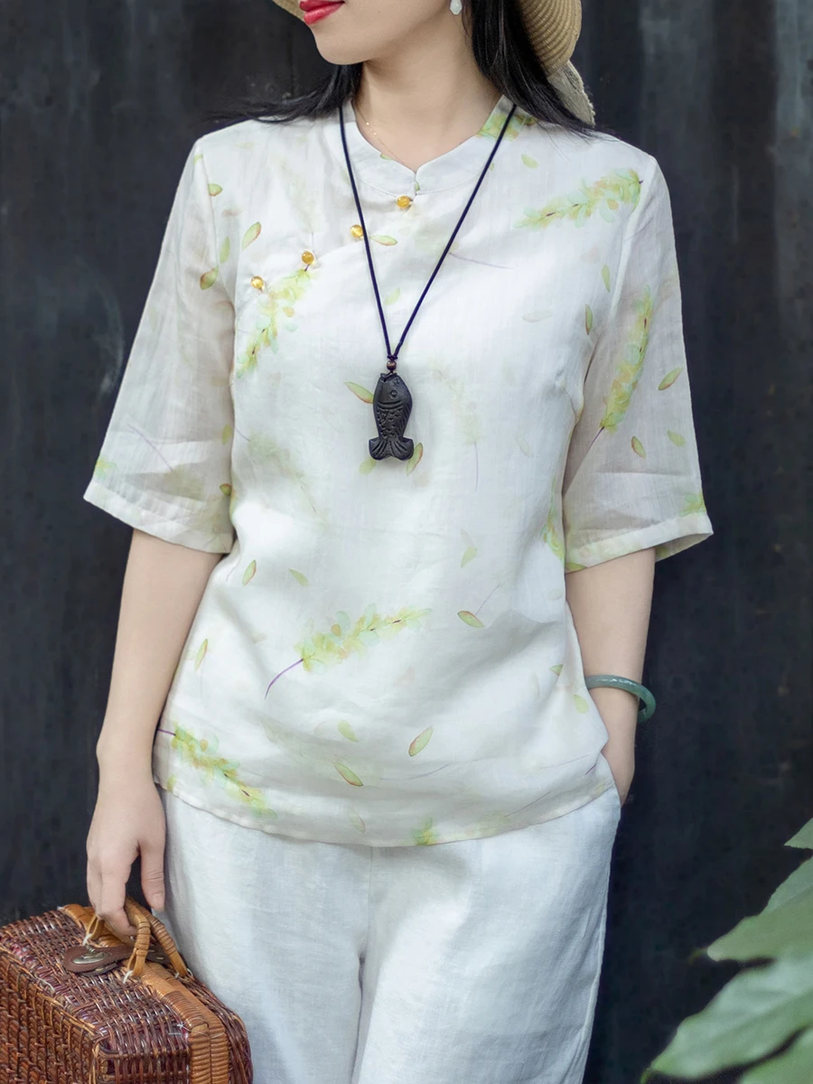 

Новая женская футболка из хлопка с принтом в стиле китайской моды, с воротником-стойкой и диагональными пуговицами, модель Jiangnan Qi Fre