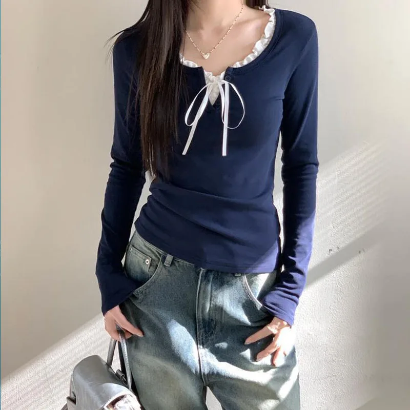 Preppy Style Sanding Thin Velvet Lace Patchwork Long Sleeved T-shirt Women New Comfortable Slim Contrasting Colors Underlay Tops