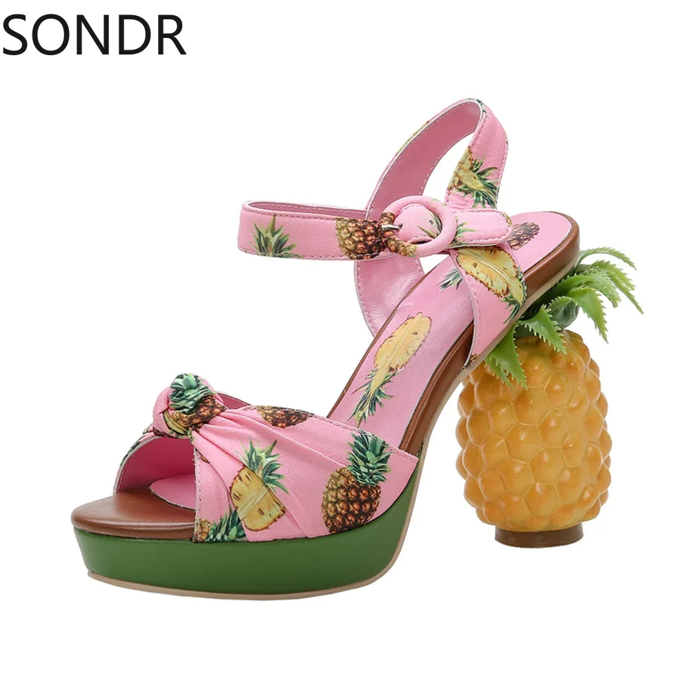 Womens Peep Toe Pink Pineapple Fruit Printed Sandals Summer Strange High Heel Slingback Shoes Pumps Ankle Buckle New 2024