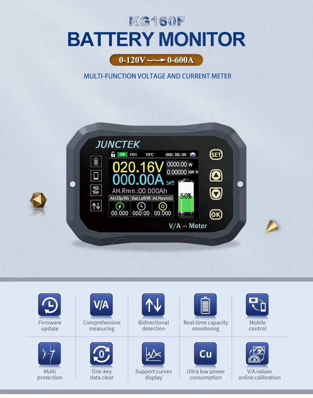 Monitor baterai Bluetooth KG140F DC 0-2. 120V 100A penguji baterai arus tegangan baterai Coulomb Meter alat indikator kapasitas