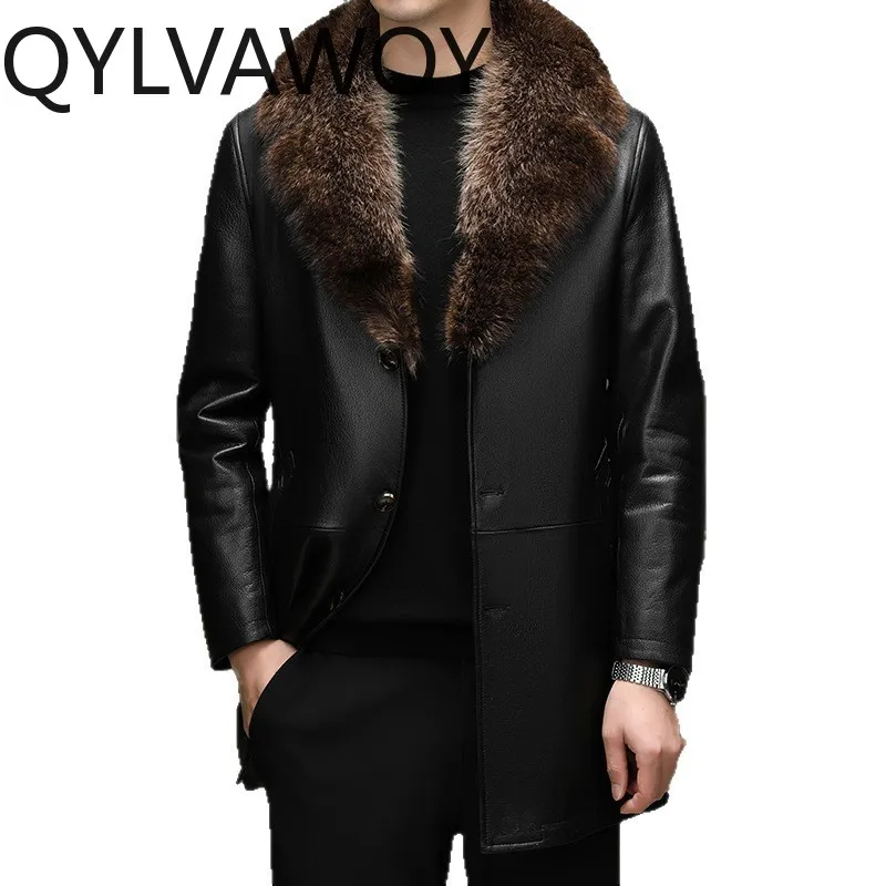

Мужская кожаная куртка QYLVAWOY из козьей кожи, высококачественная осенне-зимняя куртка с роскошной норковой подкладкой, утепленная теплая куртка для мужчин