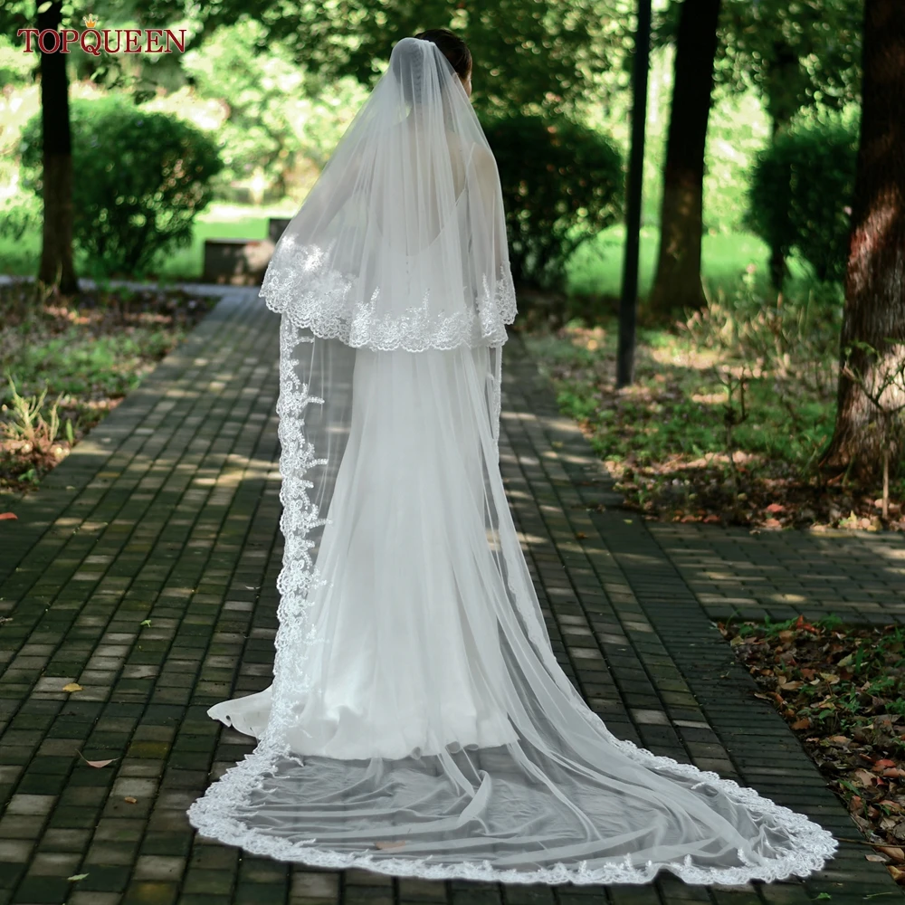 TOPQUEEN V105 Cathedral Wedding Veil Ivory Veu Of Bride 3 Meters 2 Tier Veil Wedding Veil Lace Edge Bridal Veil With Metal Comb