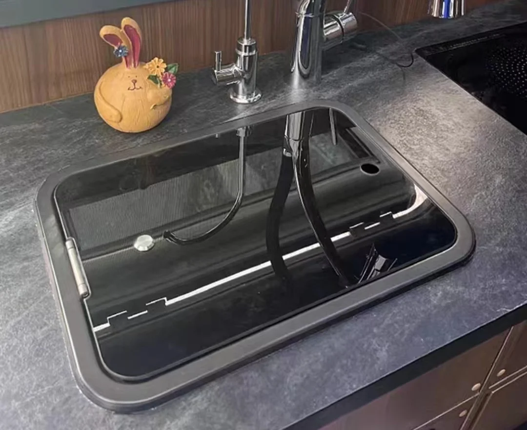 RV Sink Stainless Steel Kitchen Hand Wash Basin Sink with Folded Faucet Tempered Glass Lid Washbasin for Camper Trailer